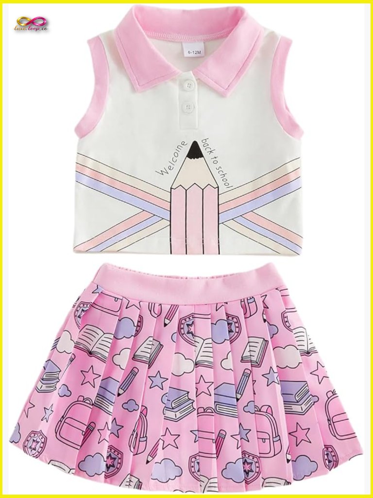Back To School Pencil Print Knit Top & A-Line Pleated Skirt Set For Little Girl